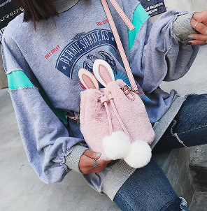 Women Cute Rabbit Fluffy Bucket Bag String Crossbody Bag