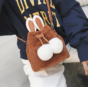 Women Cute Rabbit Fluffy Bucket Bag String Crossbody Bag