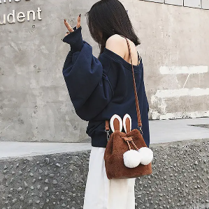 Women Cute Rabbit Fluffy Bucket Bag String Crossbody Bag